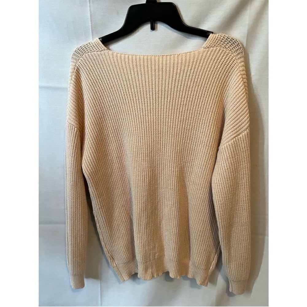 Cream V Neck Knit Sweater Beige Lightweight Pullover Cozy Casual - Picture 6 of 7